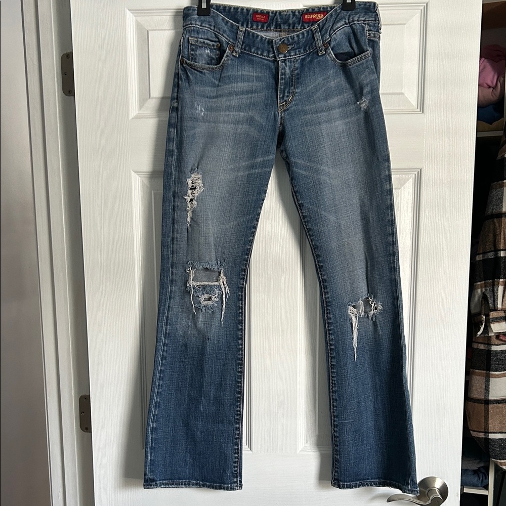 Express Women’s Stella Boot Leg Distressed Blue Jeans